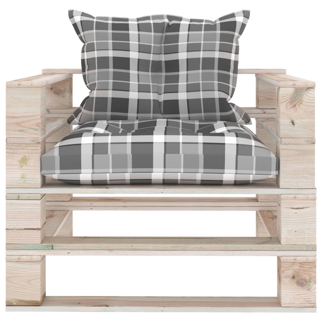 vidaXL Sofa ogrodowa z palet, z poduszkami w szarą kratę, sosna