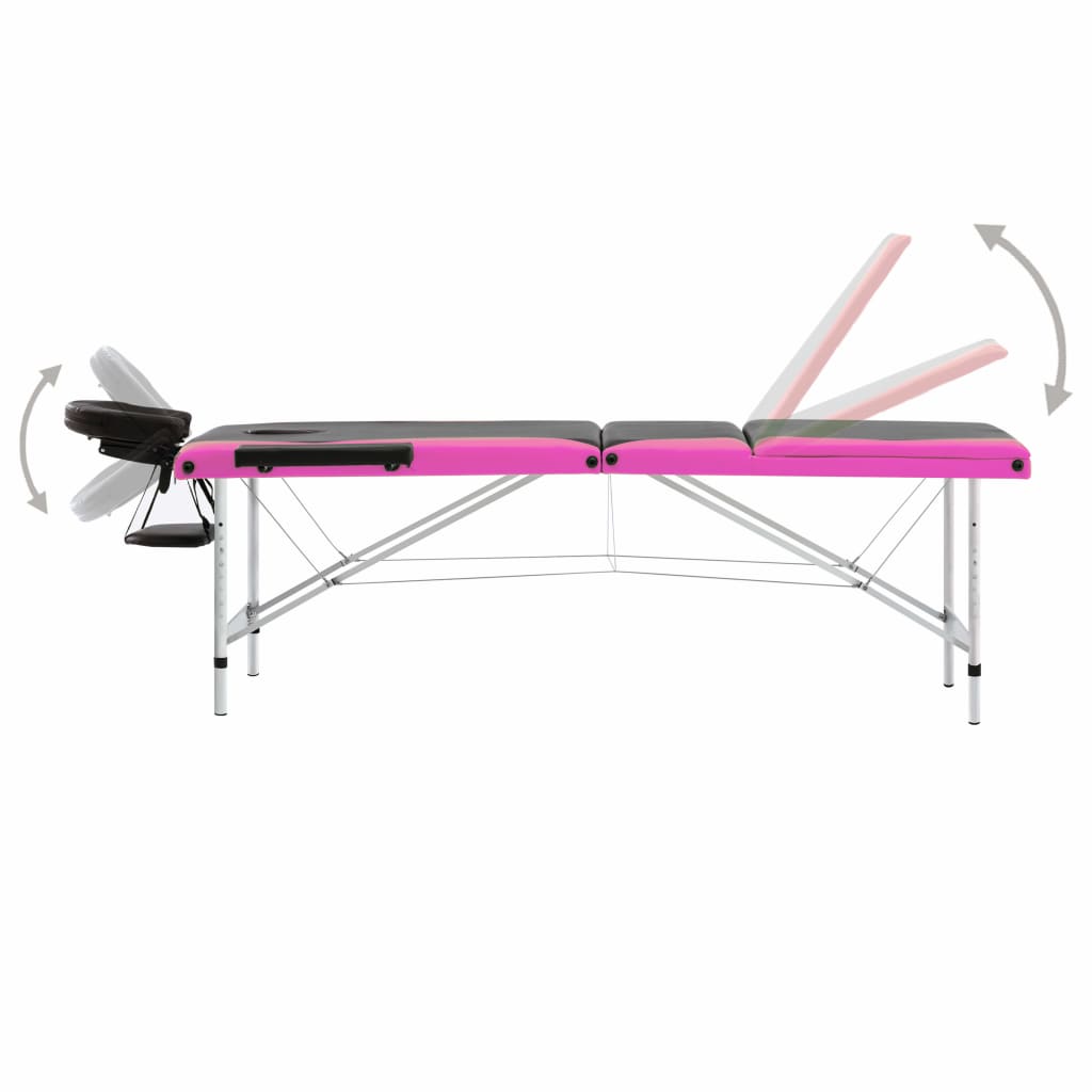 vidaXL Składany stół do masażu, 3-strefowy, aluminiowy, czarno-różowy