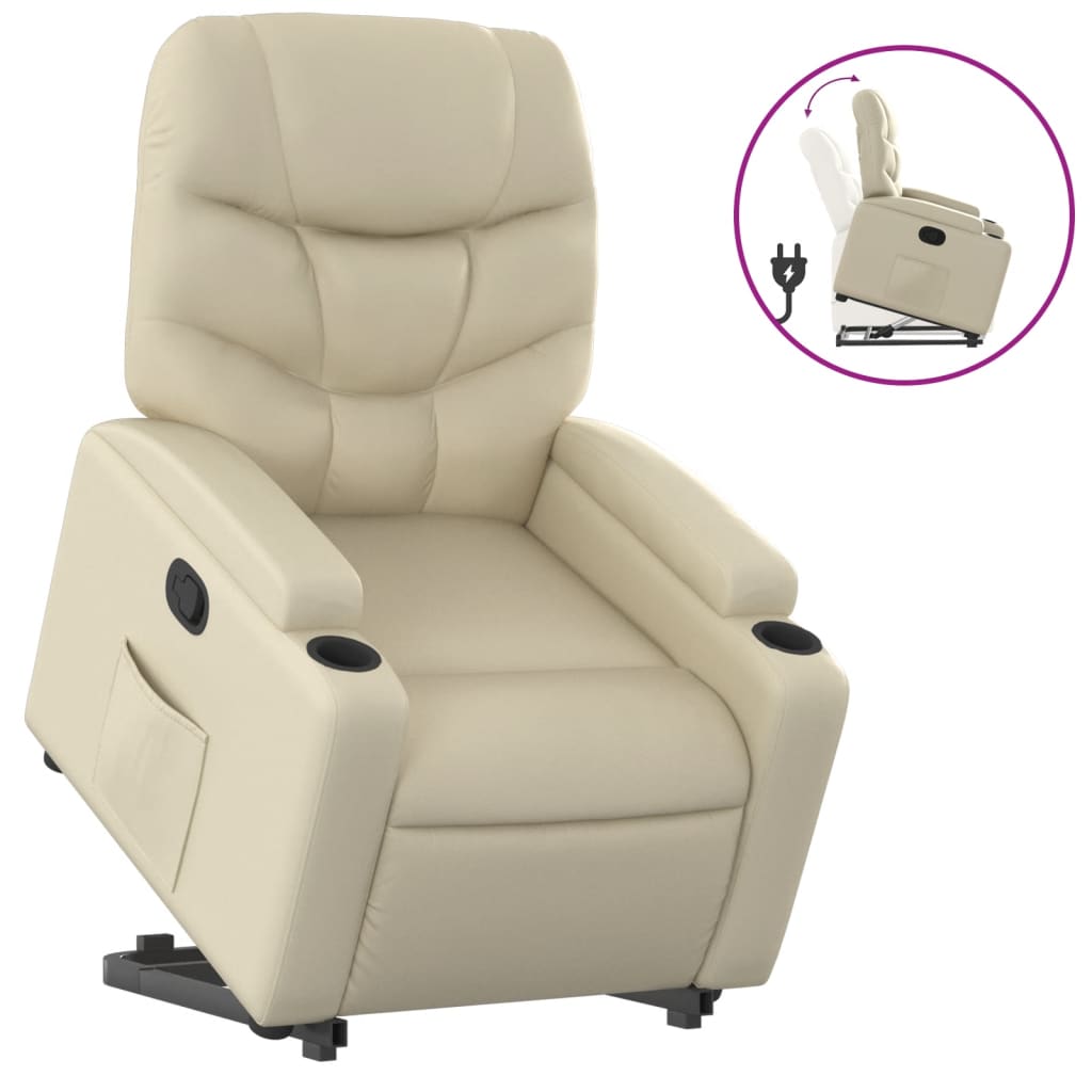 vidaXL Podnoszony fotel rozkładany, kremowy, obity sztuczną skórą