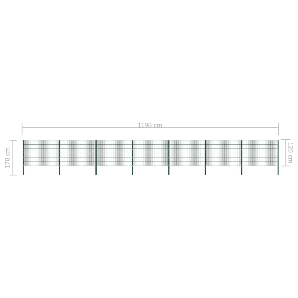 vidaXL Panel ogrodzeniowy ze słupkami, żelazny, 11,9 x 1,2 m, zielony