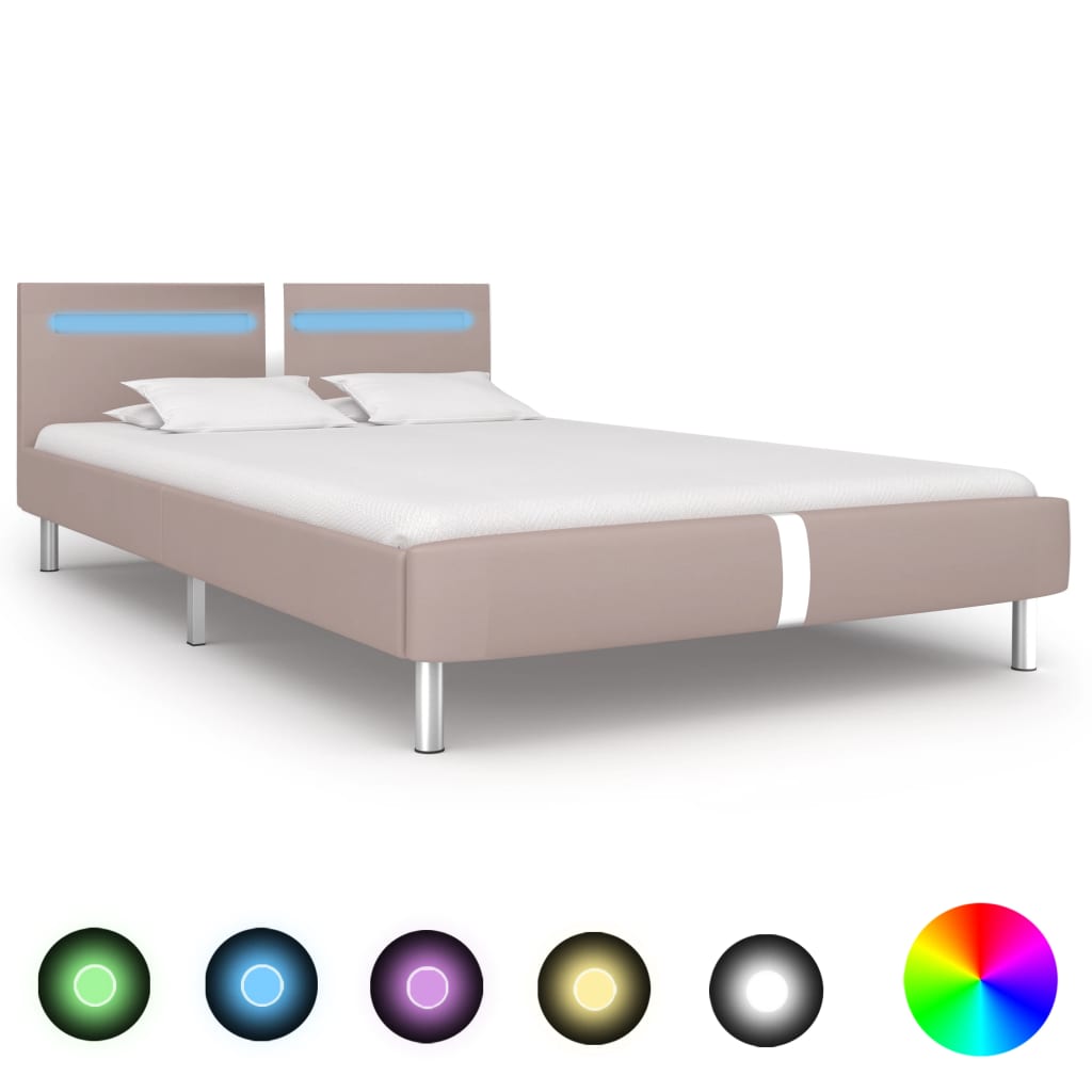 vidaXL Rama łóżka LED, kolor cappuccino, sztuczna skóra, 140 x 200 cm