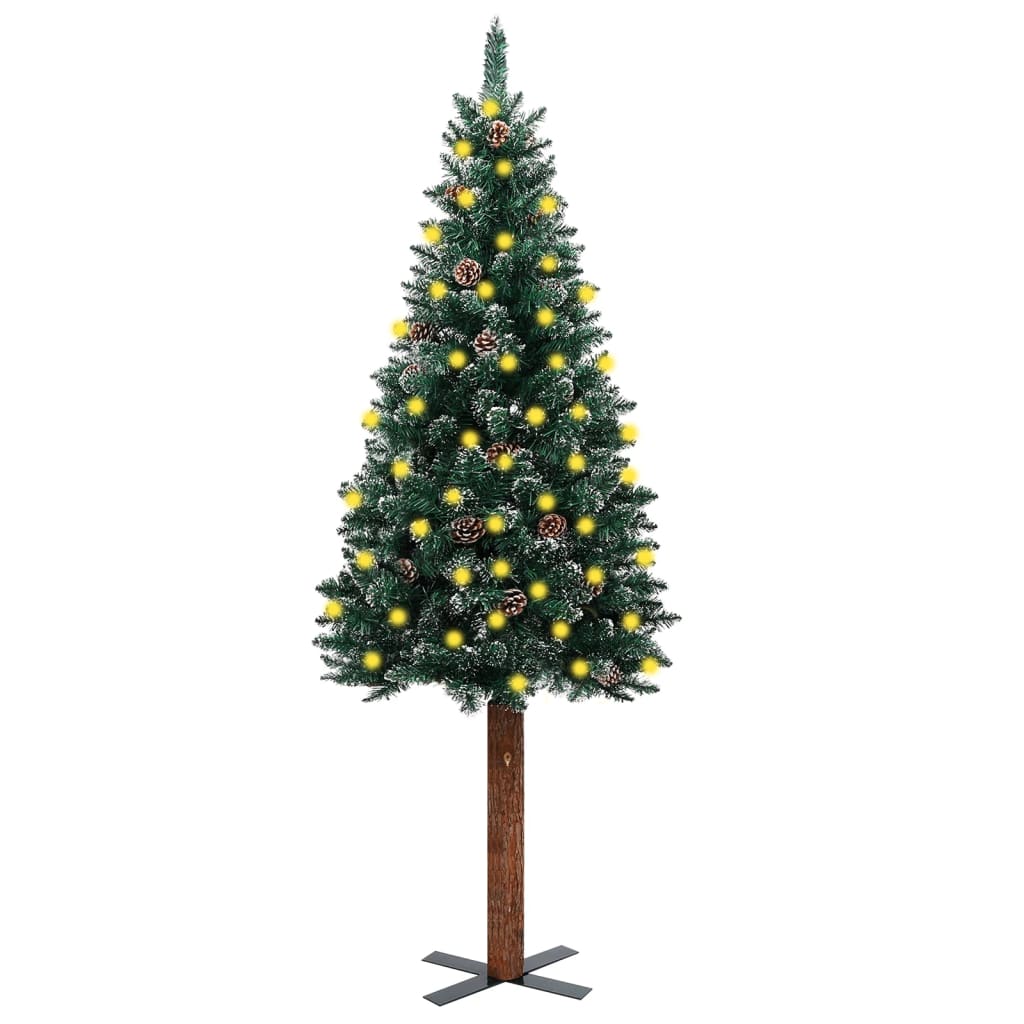 vidaXL Smukła choinka z lampkami, drewnem i śniegiem, zielona, 180 cm