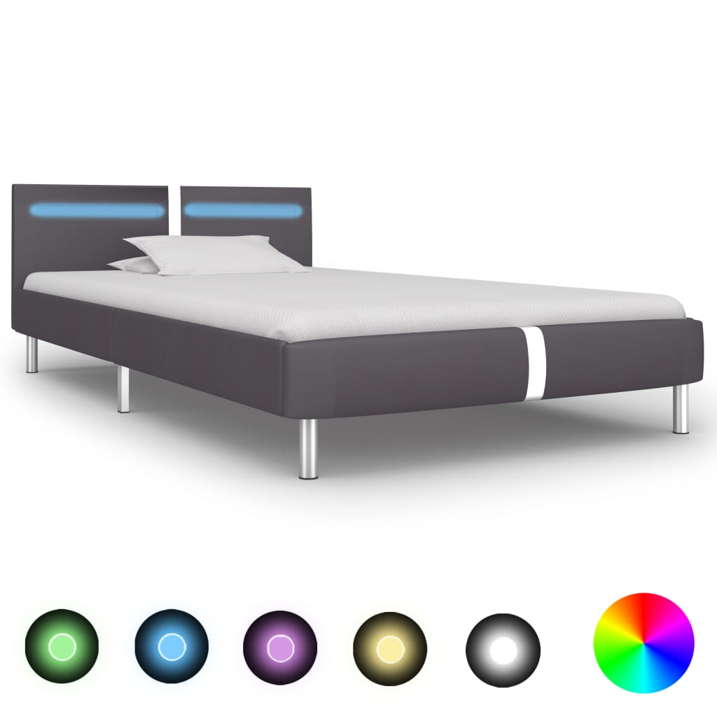 vidaXL Rama łóżka LED, szara, sztuczna skóra, 90 x 200 cm