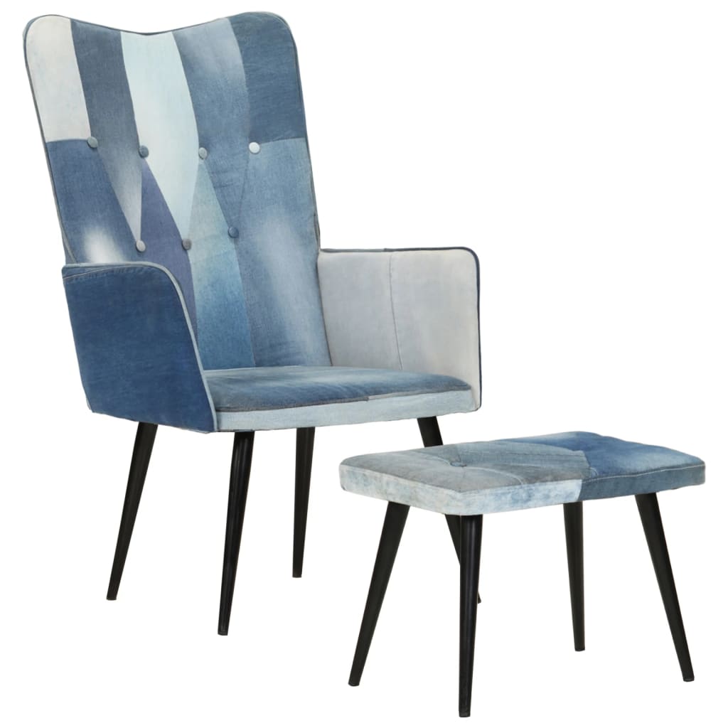 vidaXL Fotel z podnóżkiem, niebieski, jeansowy patchwork