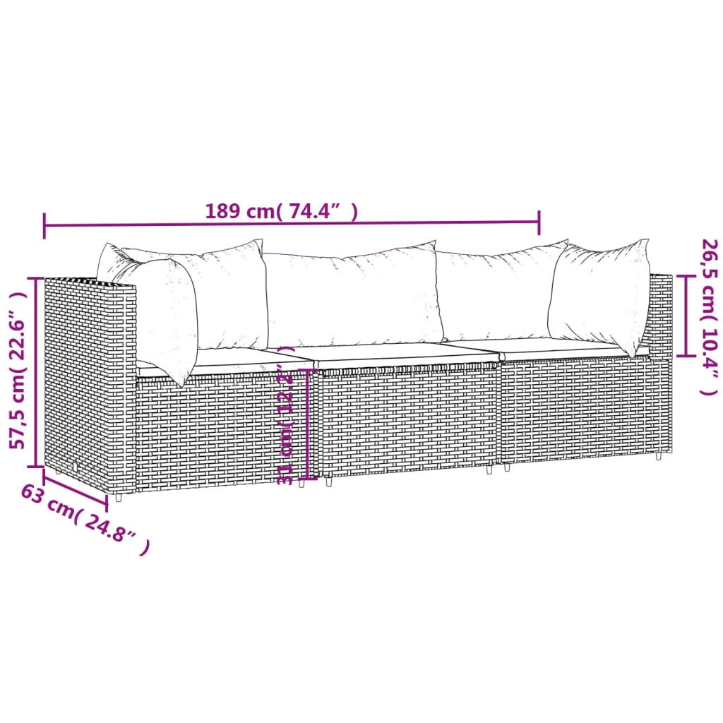 vidaXL 3-cz. zestaw wypoczynkowy do ogrodu, poduszki, szary rattan PE