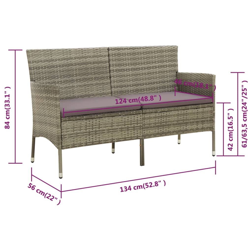 vidaXL 3-osobowa sofa ogrodowa z poduszką, szara, polirattan