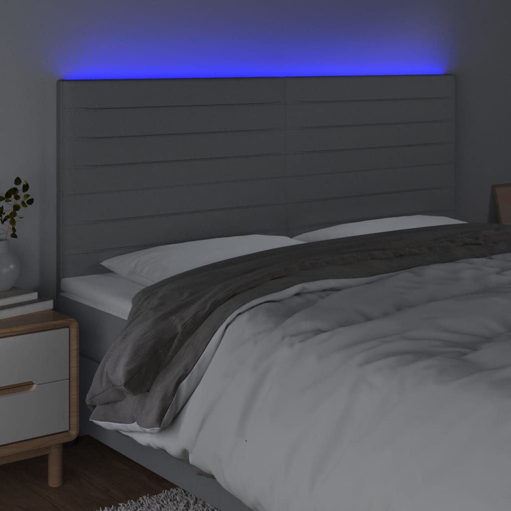 vidaXL Zagłówek do łóżka z LED, jasnoszary, 200x5x118/128 cm, tkanina