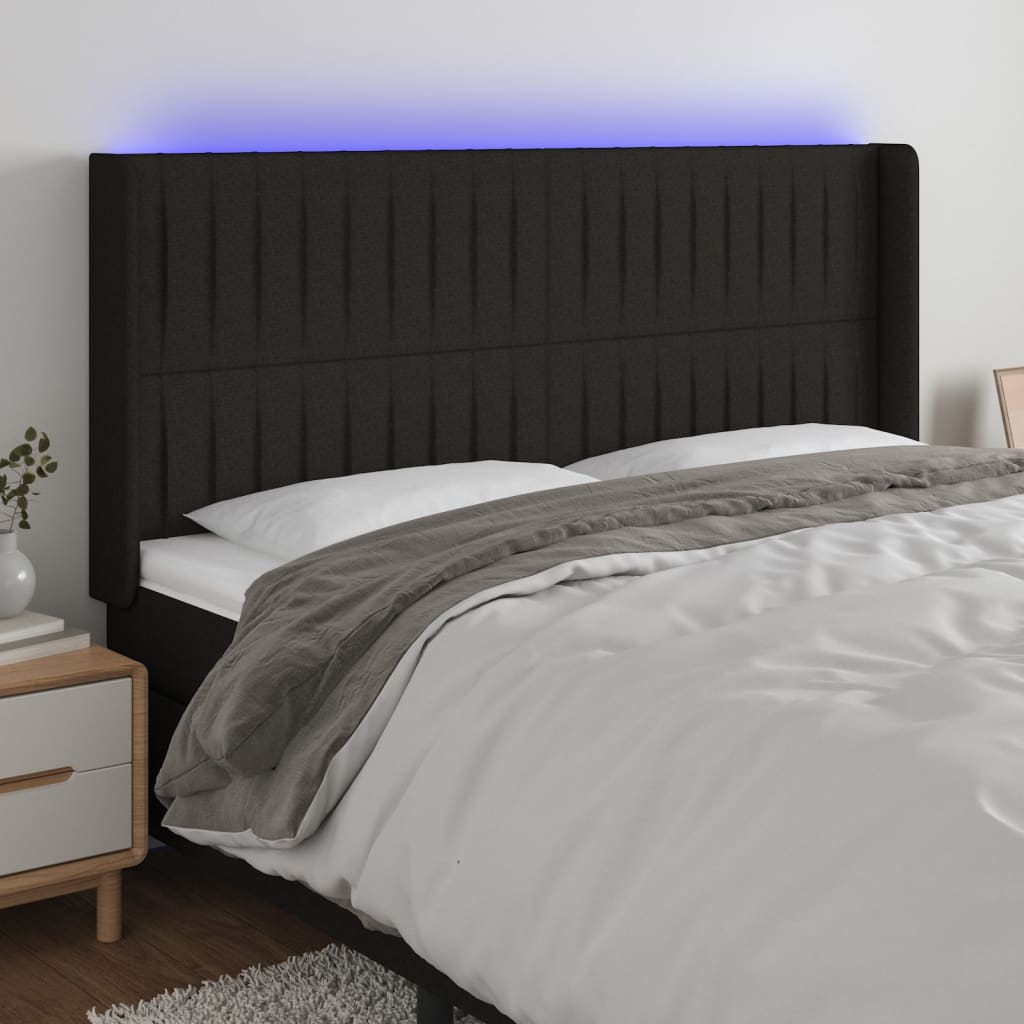 vidaXL Zagłówek do łóżka z LED, czarny, 183x16x118/128 cm, tkanina