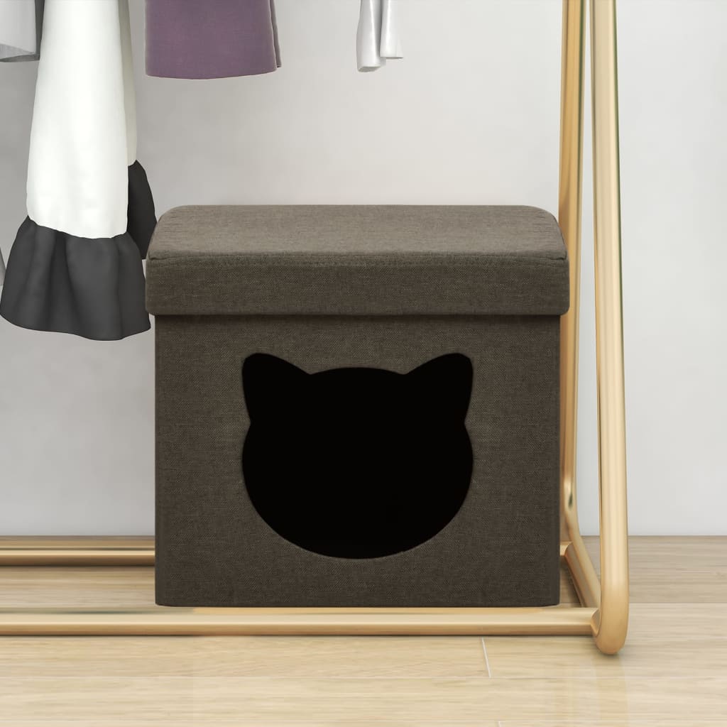 vidaXL Składany stołek ze schowkiem i kotem, ciemnobrązowy, tkanina