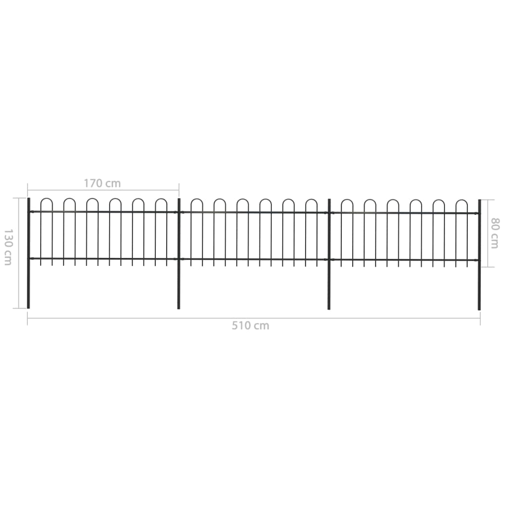 vidaXL Ogrodzenie z zaokrąglonymi końcami, stalowe, 5,1x0,8 m, czarne
