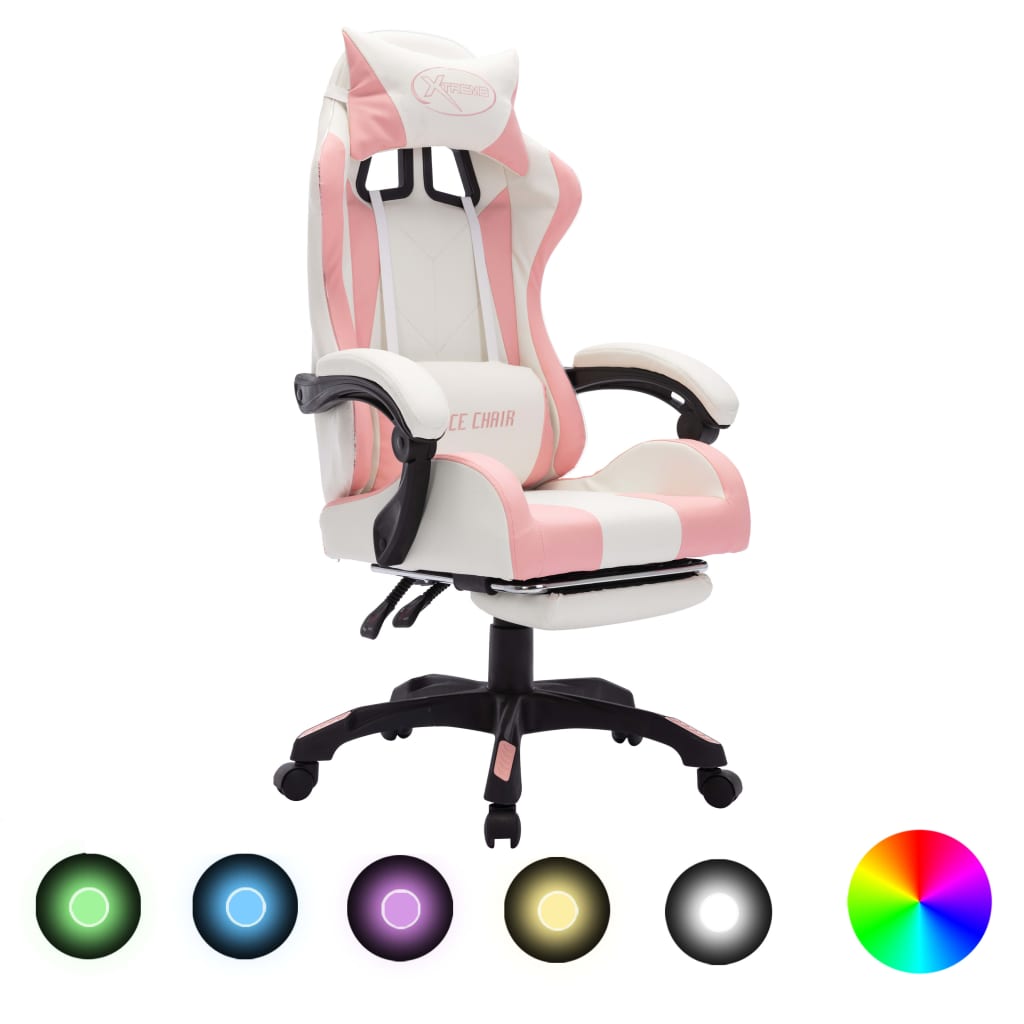 vidaXL Fotel gamingowy z LED RGB, różowo-biały, sztuczna skóra
