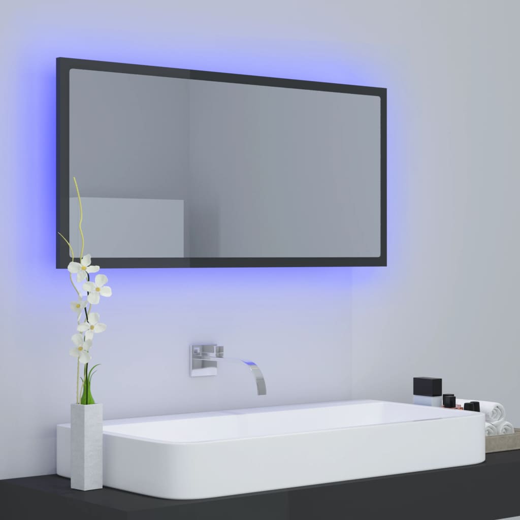 vidaXL Lustro łazienkowe LED, wysoki połysk, szare, 90x8,5x37cm, akryl
