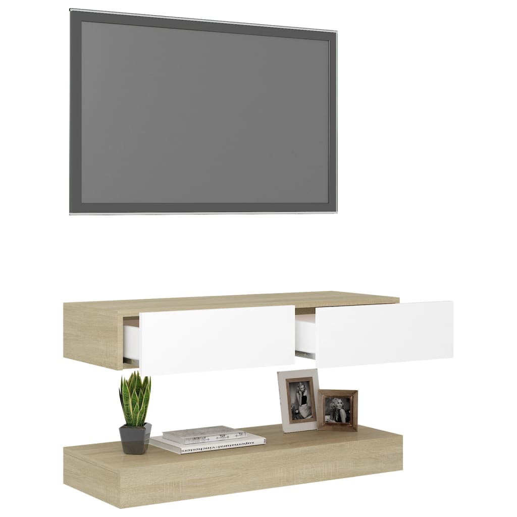 vidaXL Szafka pod TV z oświetleniem LED, biel i dąb sonoma, 90x35 cm