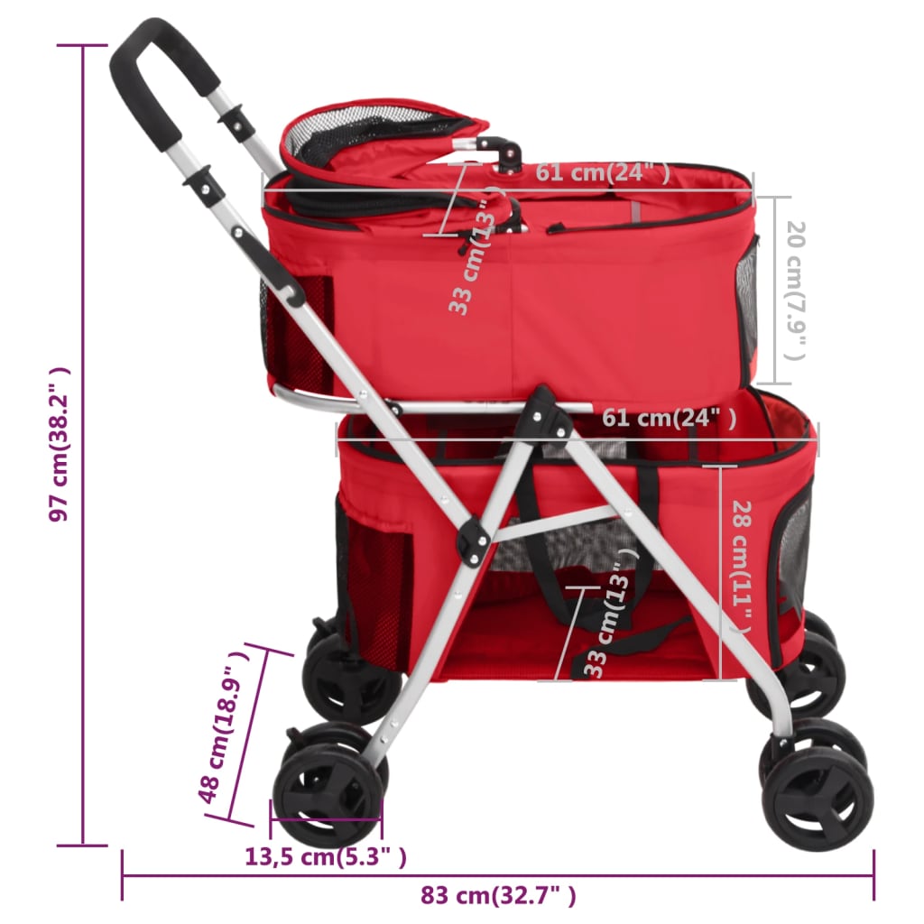vidaXL Dwupiętrowy, składany wózek dla psa, czerwony, 83x48x97 cm