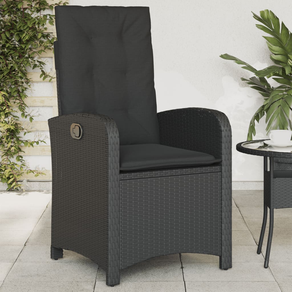 vidaXL Rozkładany fotel ogrodowy z poduszkami, czarny rattan PE