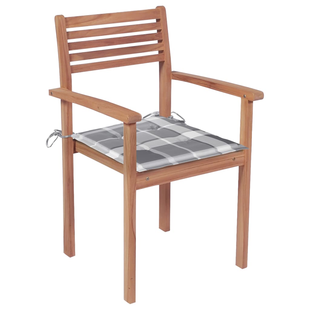 vidaXL Krzesła ogrodowe, 4 szt., z poduszkami w szarą kratkę, tekowe