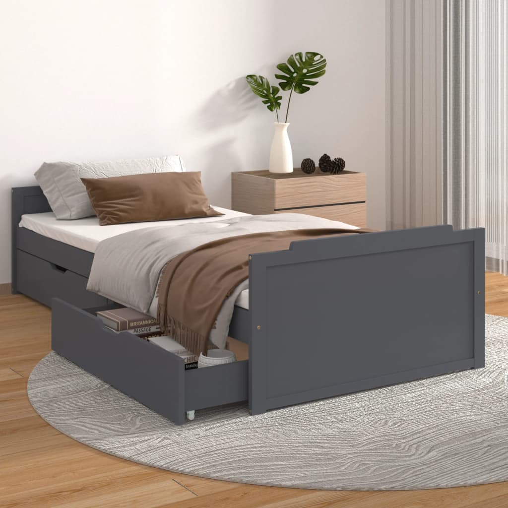 vidaXL Rama łóżka z szufladami, ciemnoszara, sosnowa, 90 x 200 cm
