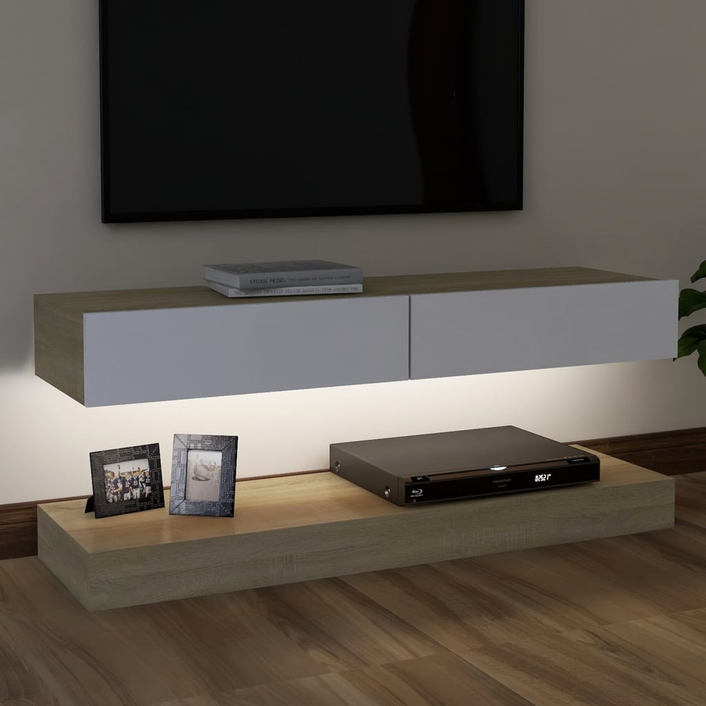 vidaXL Szafka pod TV z oświetleniem LED, biel i dąb sonoma, 120x35 cm