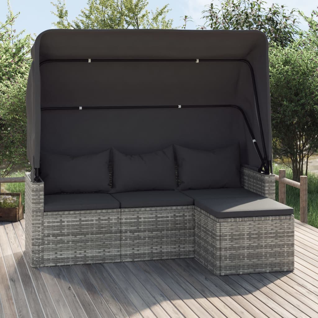vidaXL 3-os. sofa ogrodowa z daszkiem i podnóżkiem, szara, polirattan