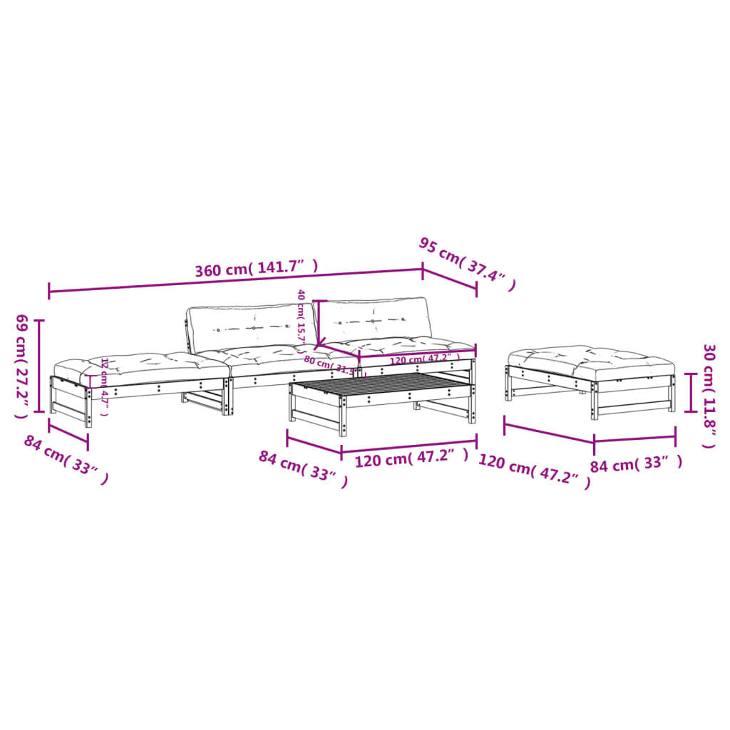 vidaXL 5-cz. zestaw wypoczynkowy do ogrodu, poduszki, szary, drewno