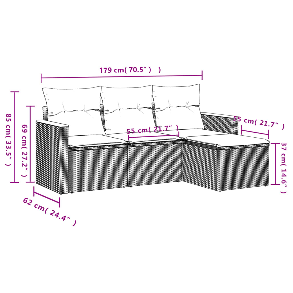 vidaXL 4-cz. zestaw wypoczynkowy do ogrodu, poduszki, szary, rattan PE