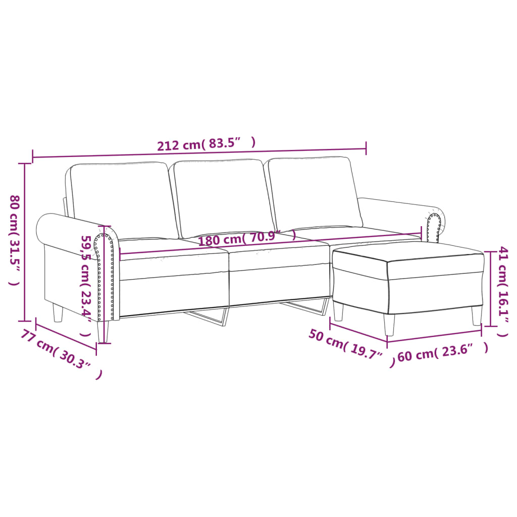 vidaXL 3-osobowa sofa z podnóżkiem, jasnoszara, 180 cm, aksamit