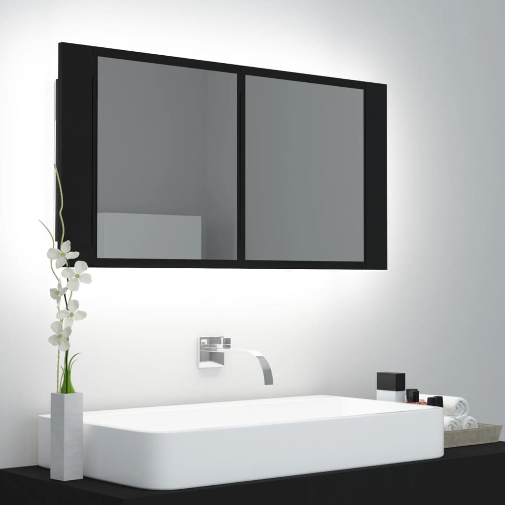 vidaXL Szafka łazienkowa z lustrem i LED, czarna, 90x12x45 cm, akryl