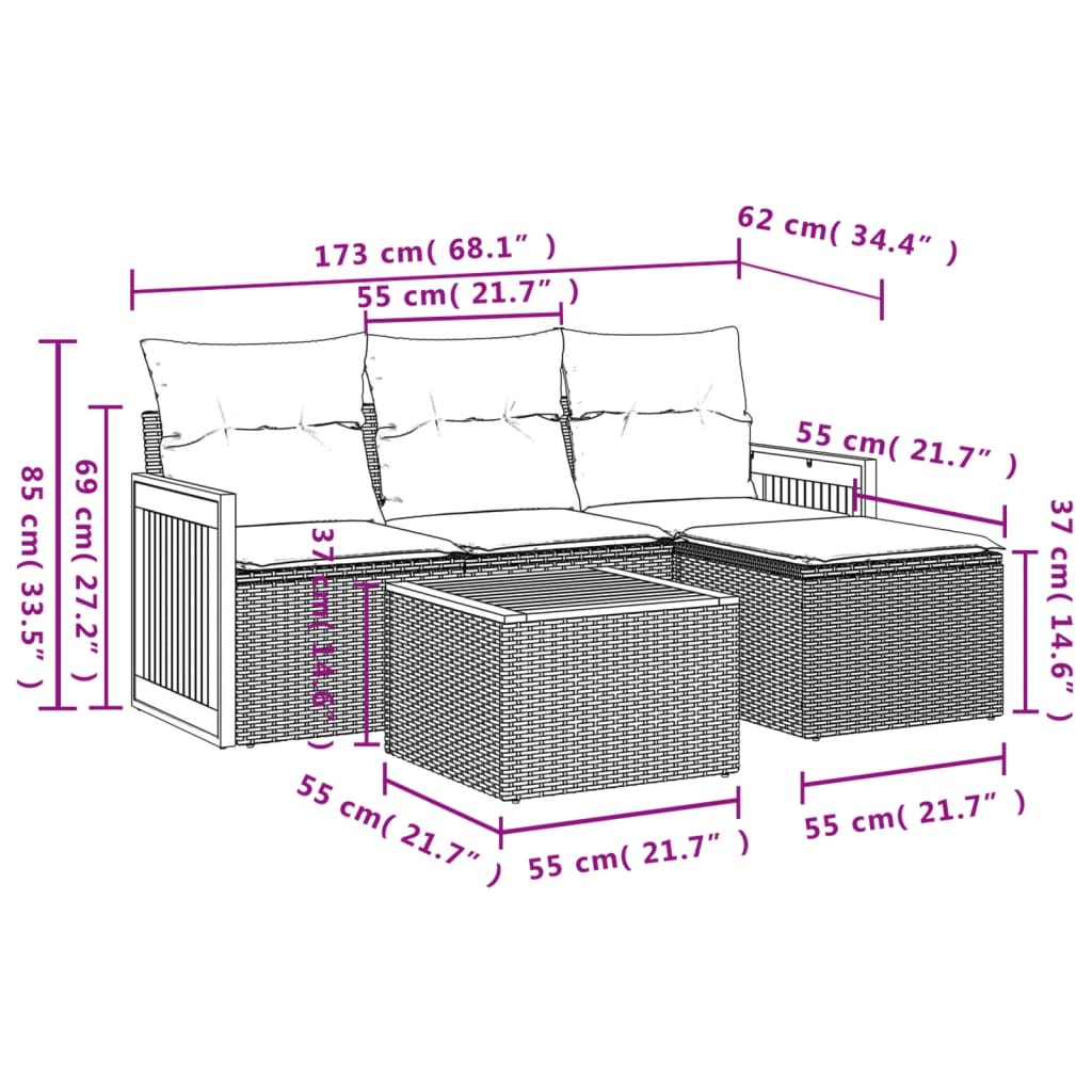 vidaXL 5-cz. zestaw mebli ogrodowych z poduszkami, beżowy, polirattan