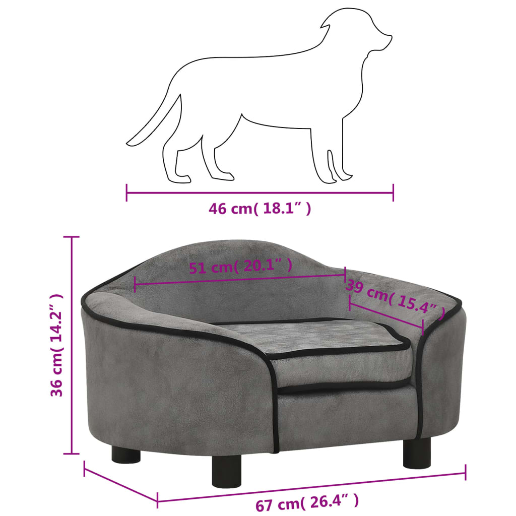 vidaXL Sofa dla psa, szara, 67x47x36 cm, pluszowa
