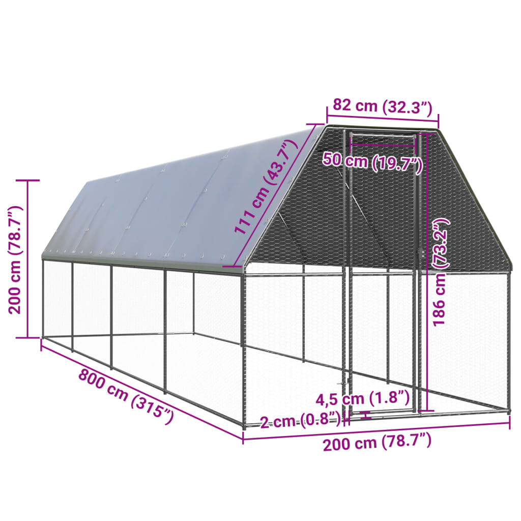 vidaXL Klatka zewnętrzna dla kurcząt, 2x8x2 m, stal galwanizowana