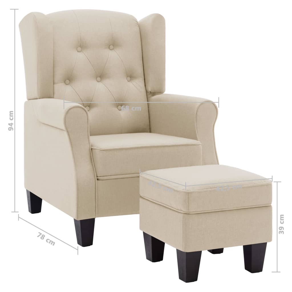 vidaXL Fotel z podnóżkiem, kremowy, tapicerowany tkaniną