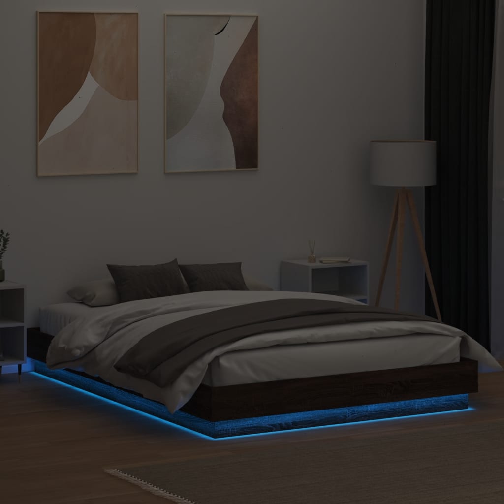 vidaXL Rama łóżka z oświetleniem LED, brązowy dąb, 160x200 cm