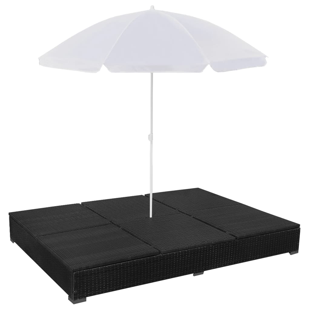 vidaXL Leżak ogrodowy z parasolem, polirattan, czarny