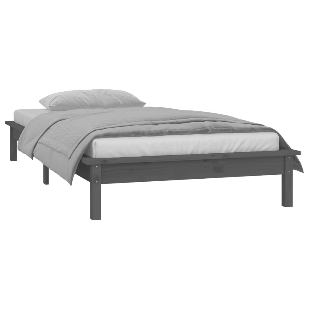 vidaXL Rama łóżka z LED, szara, 90x190 cm, pojedyncza, lite drewno