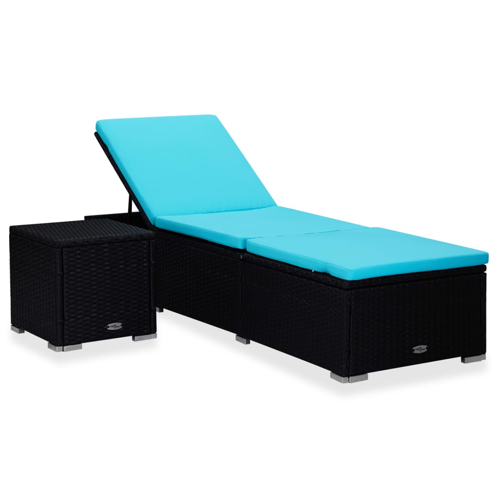 vidaXL Leżak z poduszką i stolikiem, polirattan, niebieski