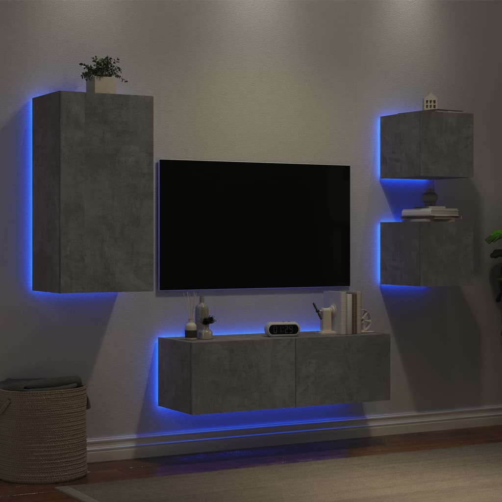 vidaXL 4-cz. zestaw ściennych mebli TV z LED, szarość betonu