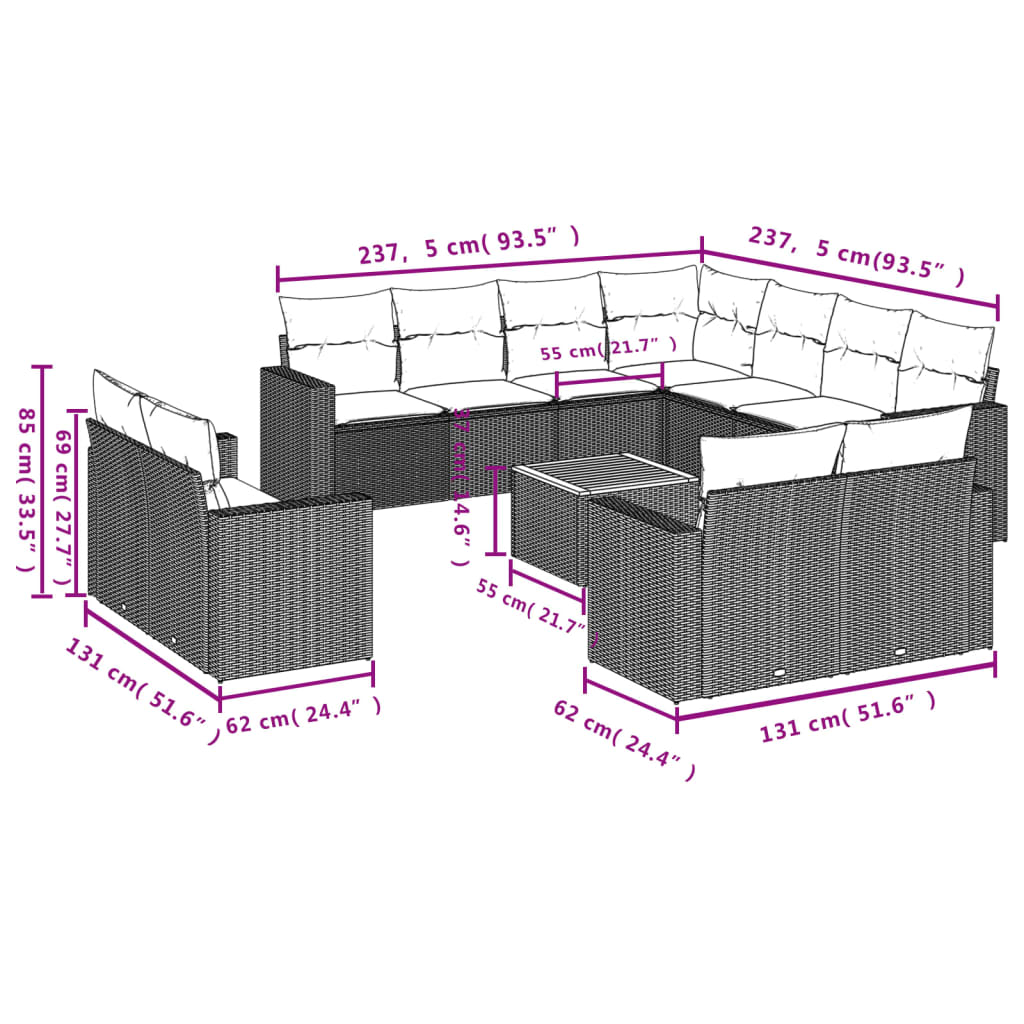 vidaXL 12-cz. zestaw mebli ogrodowych z poduszkami, beżowy, polirattan