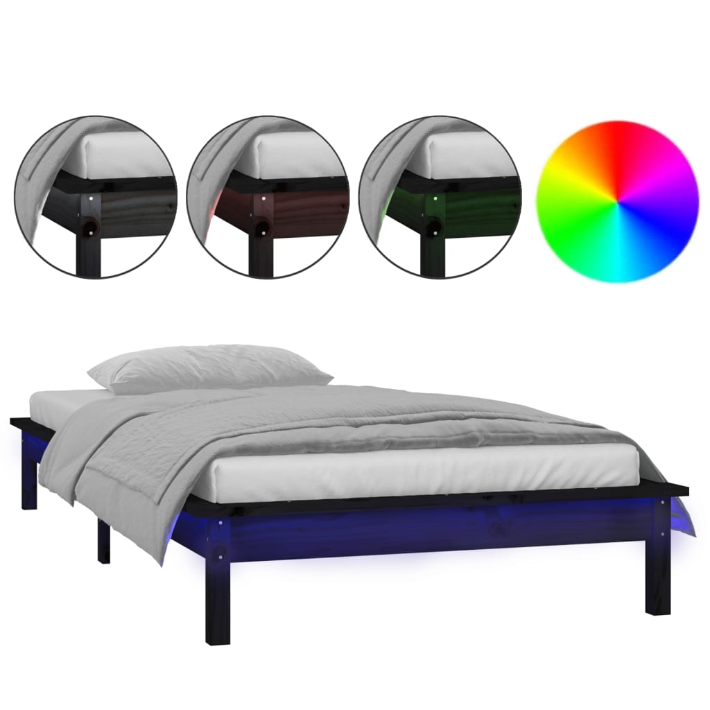 vidaXL Rama łóżka z LED, czarna, 75x190 cm, pojedyncza, lite drewno