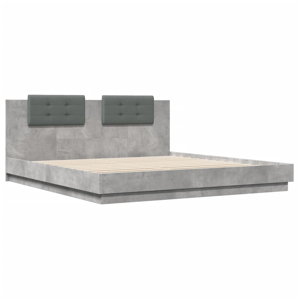vidaXL Rama łóżka z wezgłowiem i LED, szarość betonu, 160x200 cm