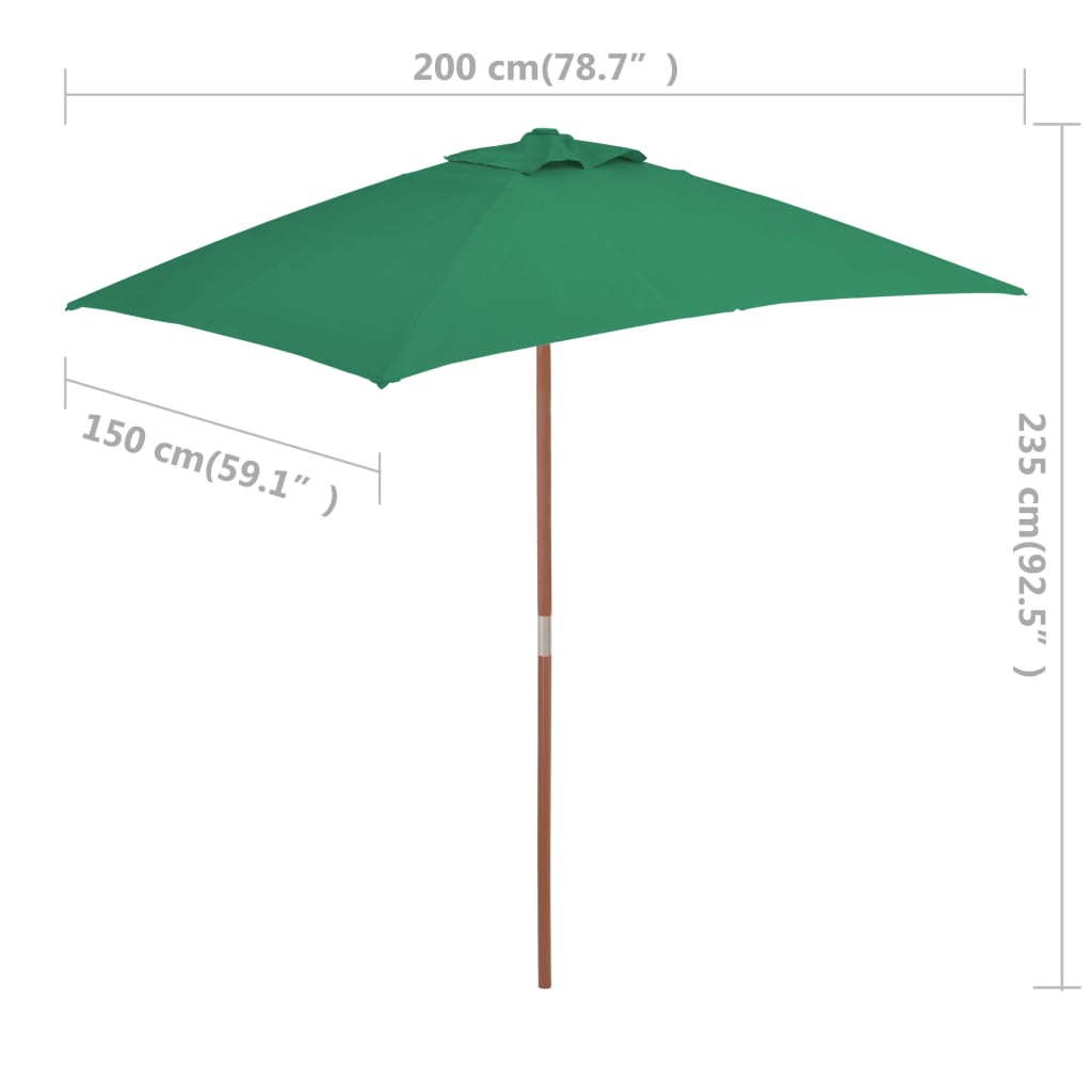 vidaXL Parasol ogrodowy na drewnianym słupku, 150 x 200 cm, zielony