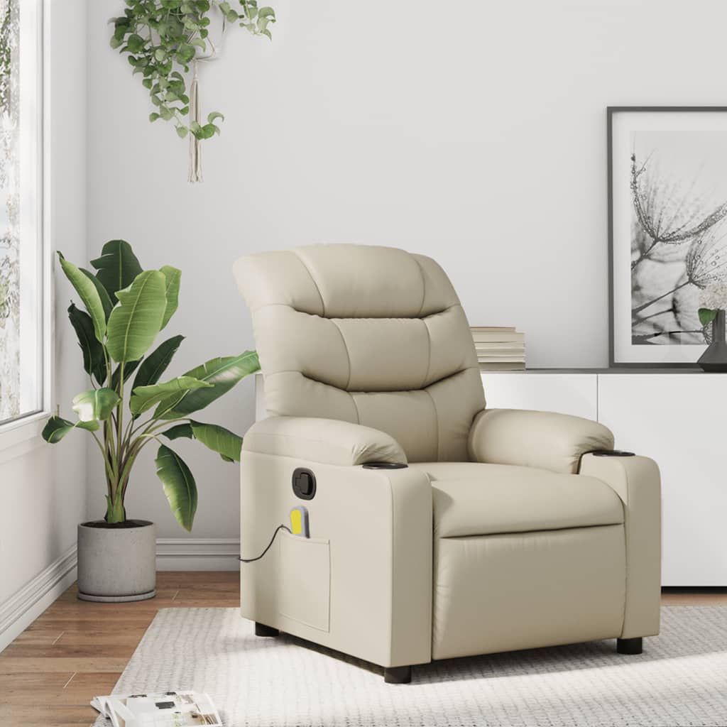 vidaXL Rozkładany fotel masujący, kremowe, sztuczna skóra