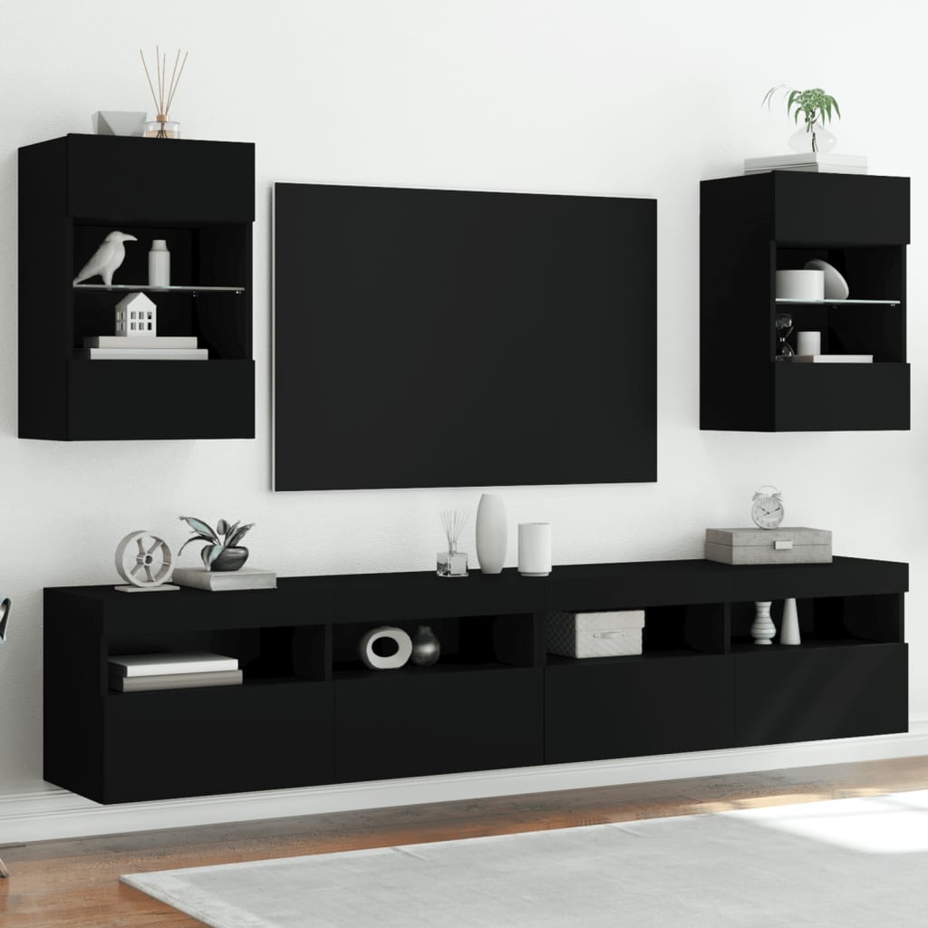 vidaXL Ścienne szafki TV z LED, 2 szt., czarne, 40x30x60,5 cm