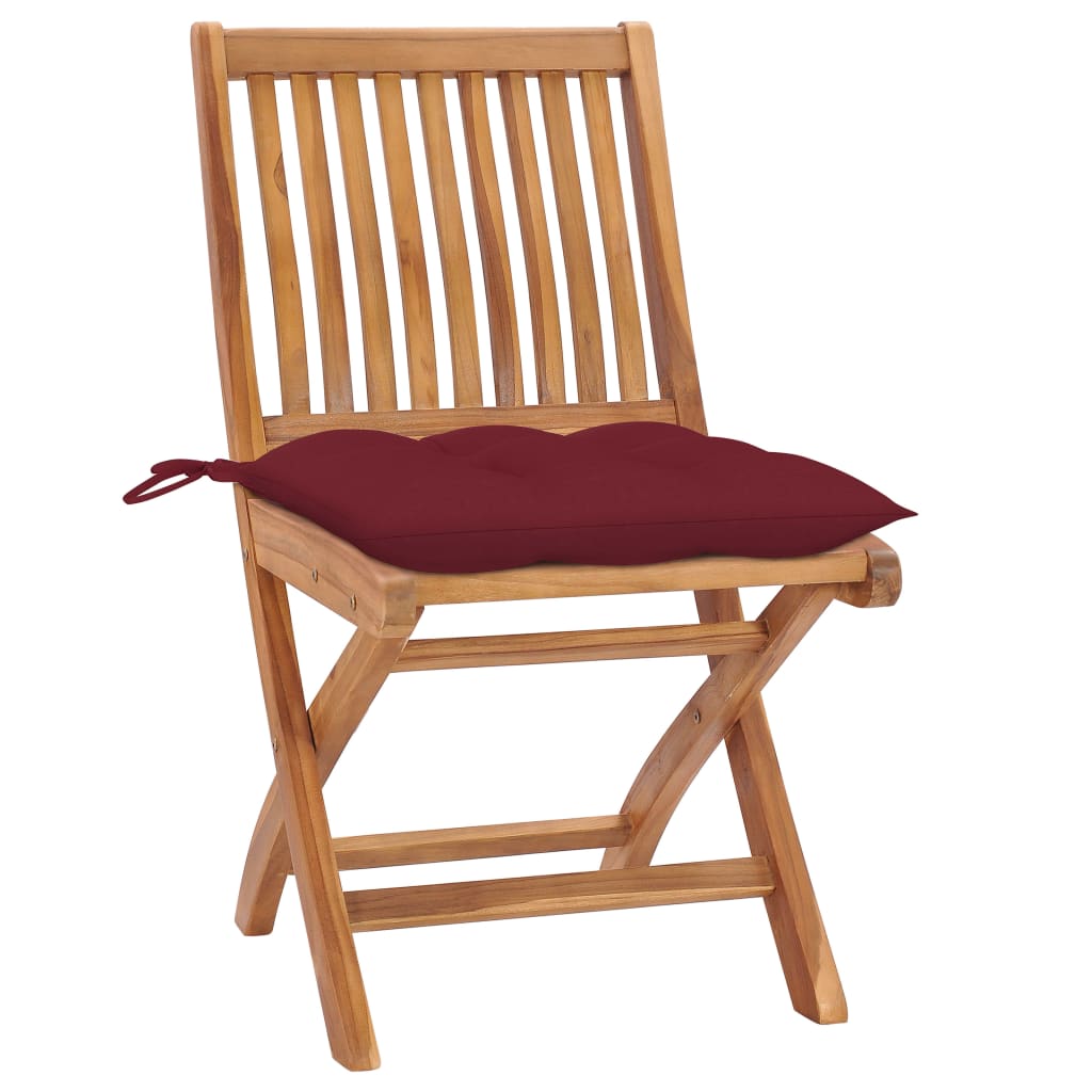 vidaXL Krzesła ogrodowe, 2 szt., poduszki w kolorze wina, tekowe