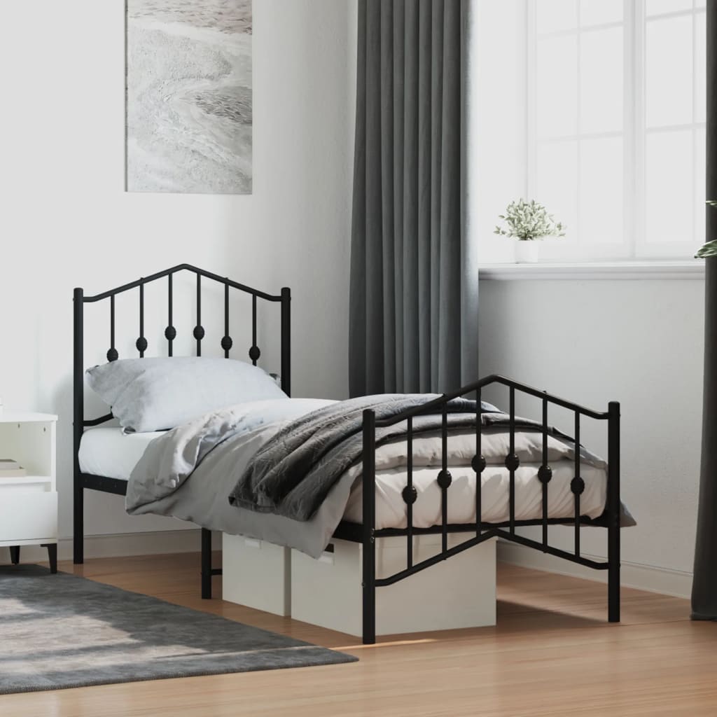 vidaXL Metalowa rama łóżka z wezgłowiem i zanóżkiem, czarna, 75x190 cm