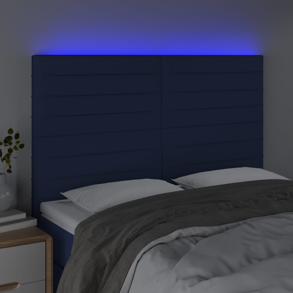 vidaXL Zagłówek do łóżka z LED, niebieski, 144x5x118/128 cm, tkanina