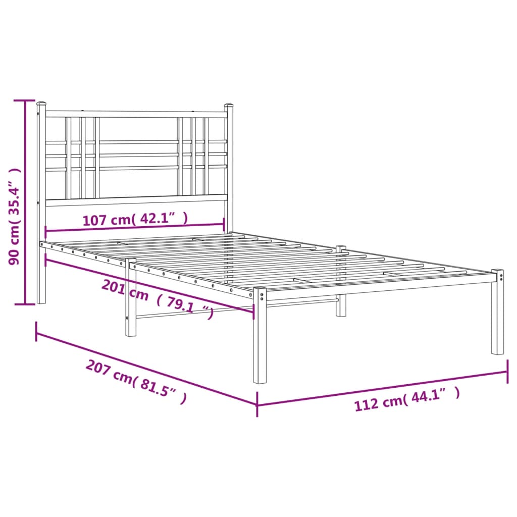 vidaXL Metalowa rama łóżka z wezgłowiem, czarna, 107x203 cm