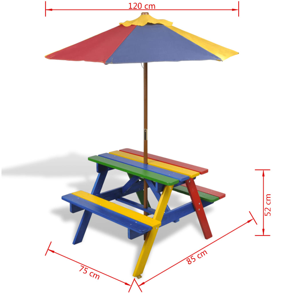 vidaXL Stół dla dzieci z ławkami i parasolem, wielokolorowy, drewniany