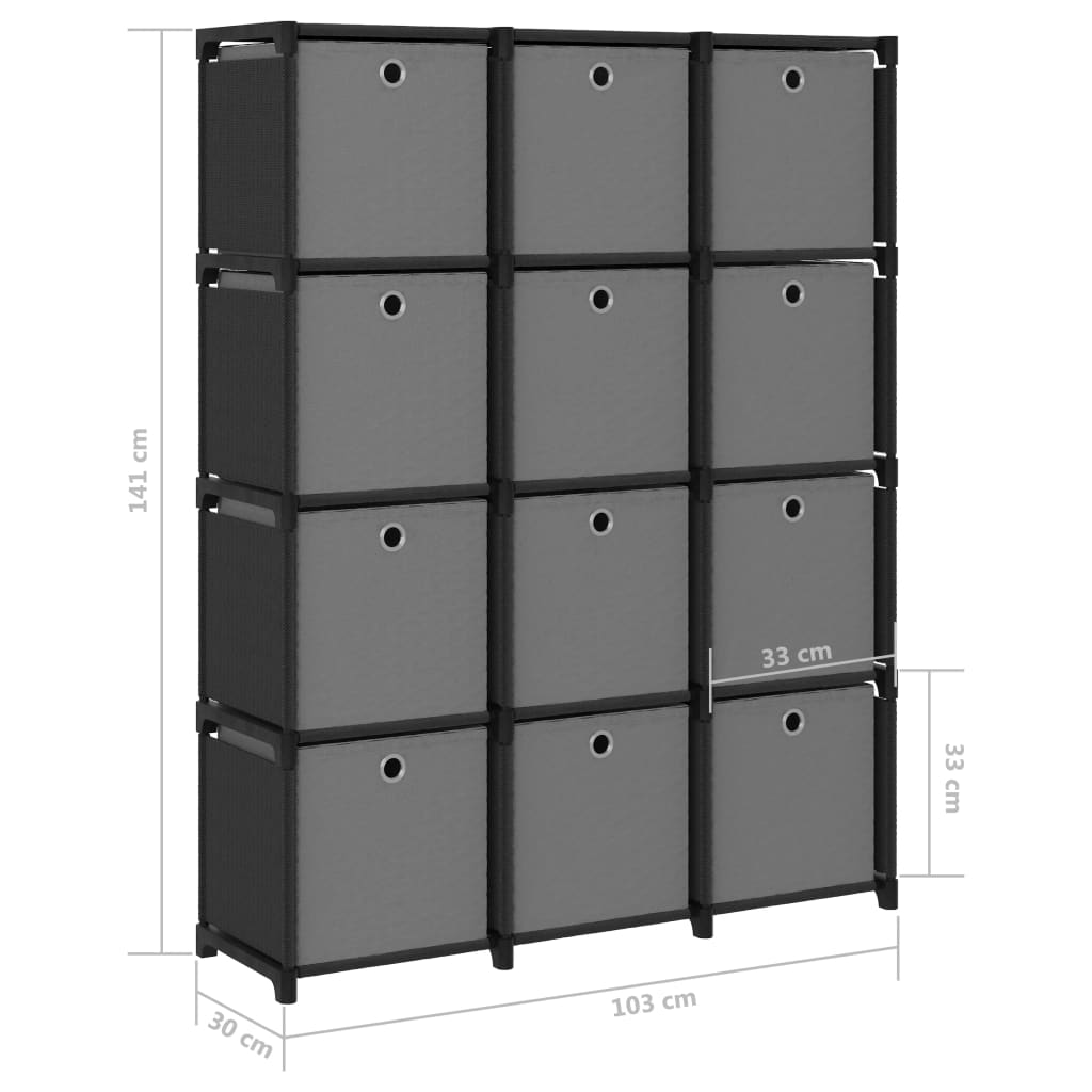 vidaXL Regał z 12 przegrodami, pudełka, czarny, 103x30x141 cm, tkanina
