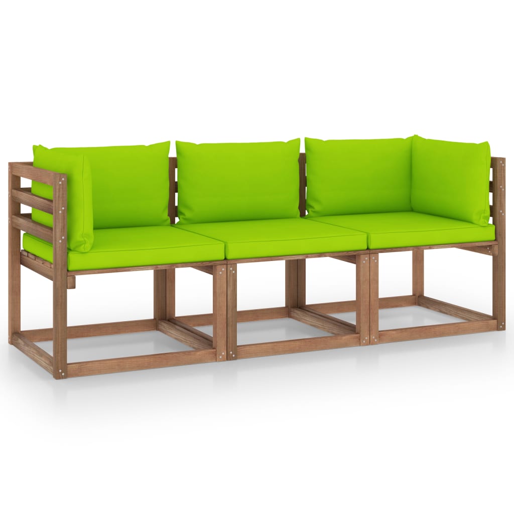 vidaXL Ogrodowa sofa 3-os. z palet, z jasnozielonymi poduszkami, sosna