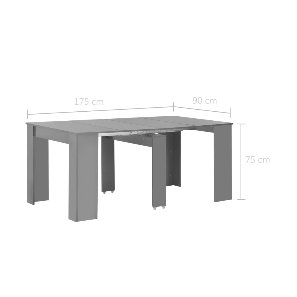 vidaXL Rozkładany stół jadalniany, wysoki połysk, szary, 175x90x75 cm